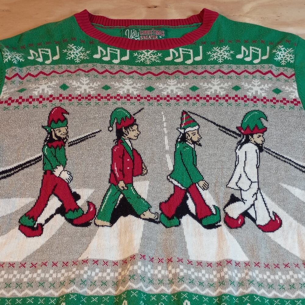 Ugly Christmas Sweater Mens Size M Beatles Abbey Road Elves Green 100% Cotton
